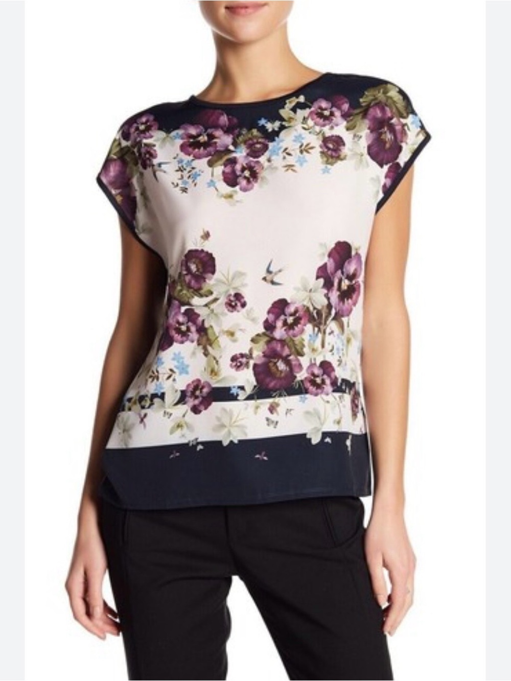 Ted Baker Purple Floral Short Sleeve Top - Offwhite/Navy